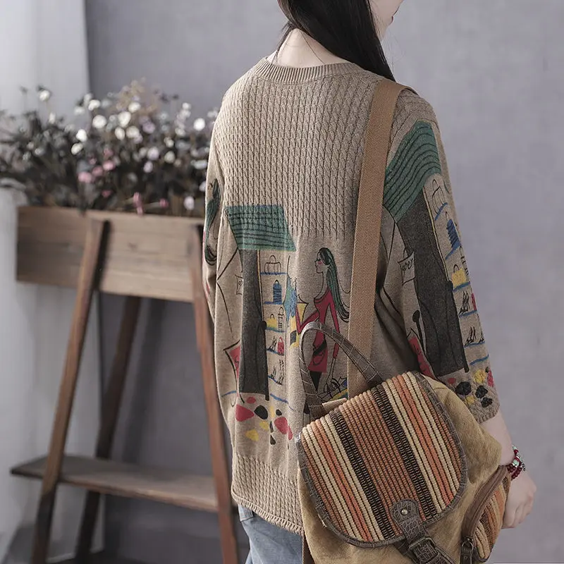 Women Autumn Fashion Vintage Printing O-neck Sleeve Knitwear Ladies Office Lady All-match Appear Thin Knitting Pullover Tops