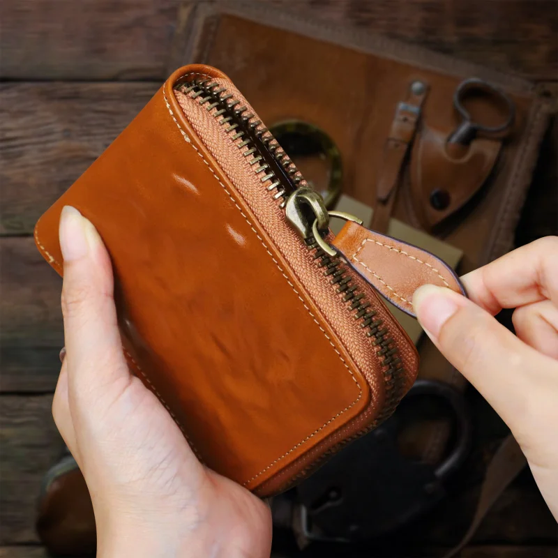 Men Genuine Leather Card Wallet Real Leather Snap Short Purse Women Coin Pocket Zipper Around Small Trifold Pocket