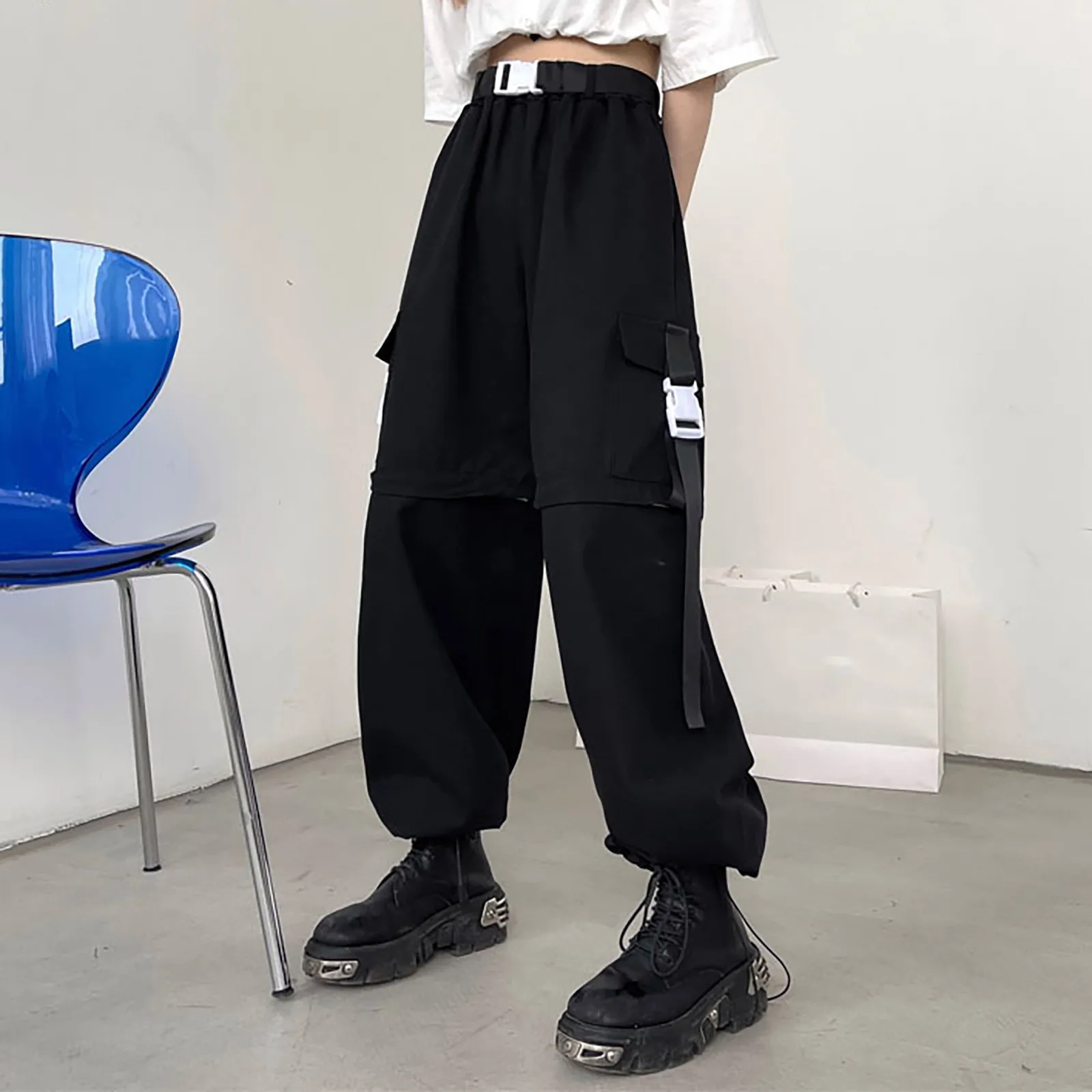 

Y2K Cargo Pants Women High Waist Eye-splice Buckle Belt Sweatpant Vintage Baggy Wide Leg Jogger Trousers With Multi Pockets