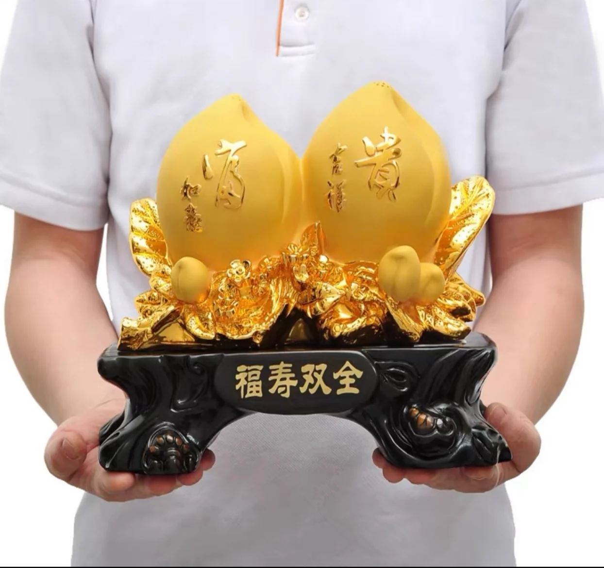 a*-Elegant Resin Eco-Friendly Double Yellow Longevity Peach Statue on Black Base Traditional Blessing Gift for Seniors Birthday.