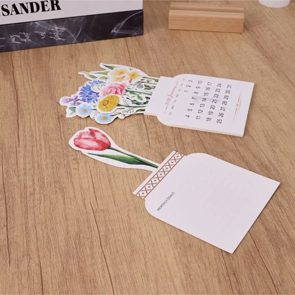 Base de madeira 2026 calendário de mesa base destacável tema floral planejador mensal diy vaso em forma de flores florescendo calendário de mesa