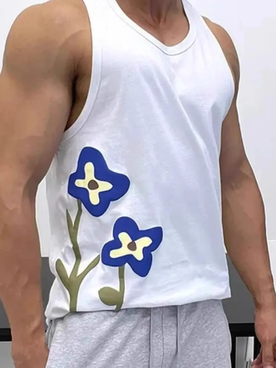 

Large Size 300 Pou Micro Outline Small Flower Print Vest Men's Fitn Sport Breathable Pure Cotton Svel T-irt Trendy