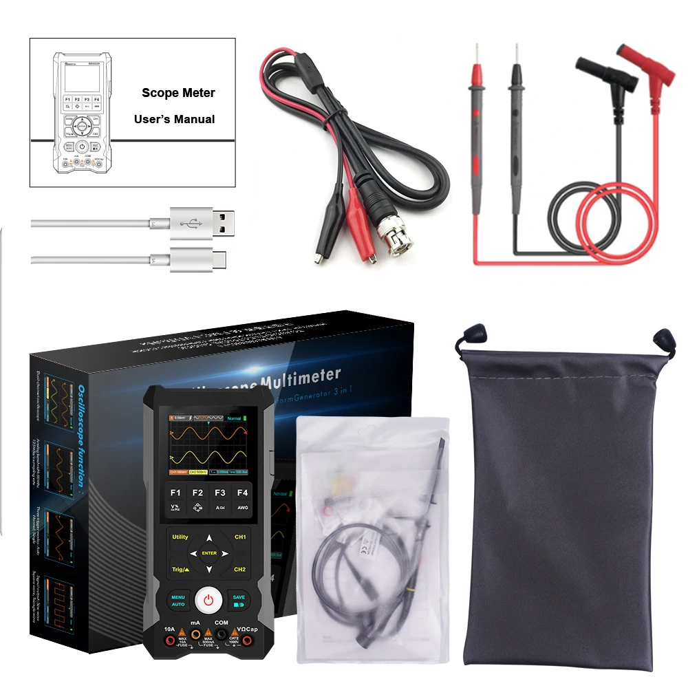 ET202D 3 IN 1 Digital Oscilloscope Multimeter Signal Source 2 Ch 250MSa/s Sampling Rate Handheld Oscilloscope fo Electronic Test