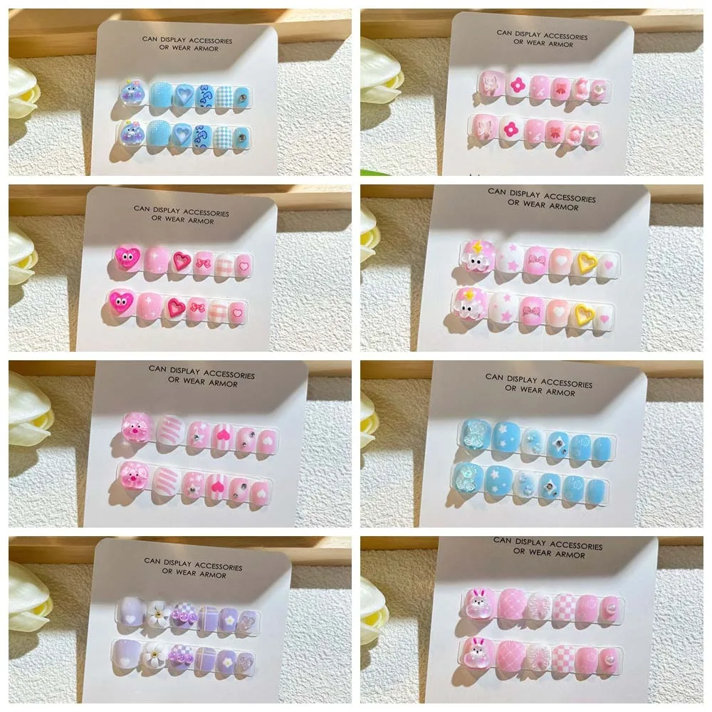 زهرة الأطفال الأظافر كاذبة الدببة غطاء كامل مسمار الفن نصائح الكرتون الأظافر وهمية مستلزمات الأظافر قصيرة مربعة الشكل #5