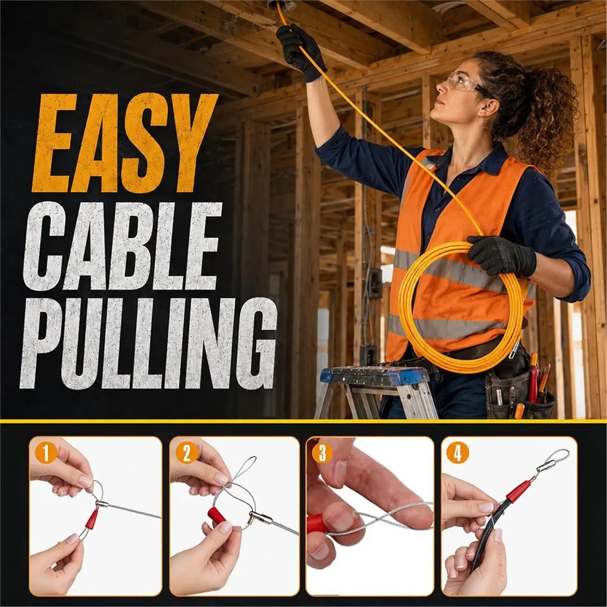 Electrical Fish Tape 15m (49ft), 3.0mm Wire Puller and Wire Snake for Running Wire Through Walls, Cable Pulling Tools