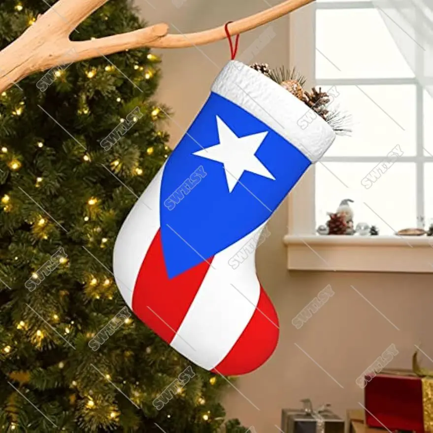 Puerto Rico Flag Plush Christmas Stockings Large Christmas Stocking Stairs Fireplace Hanging Ornaments Candy Christmas