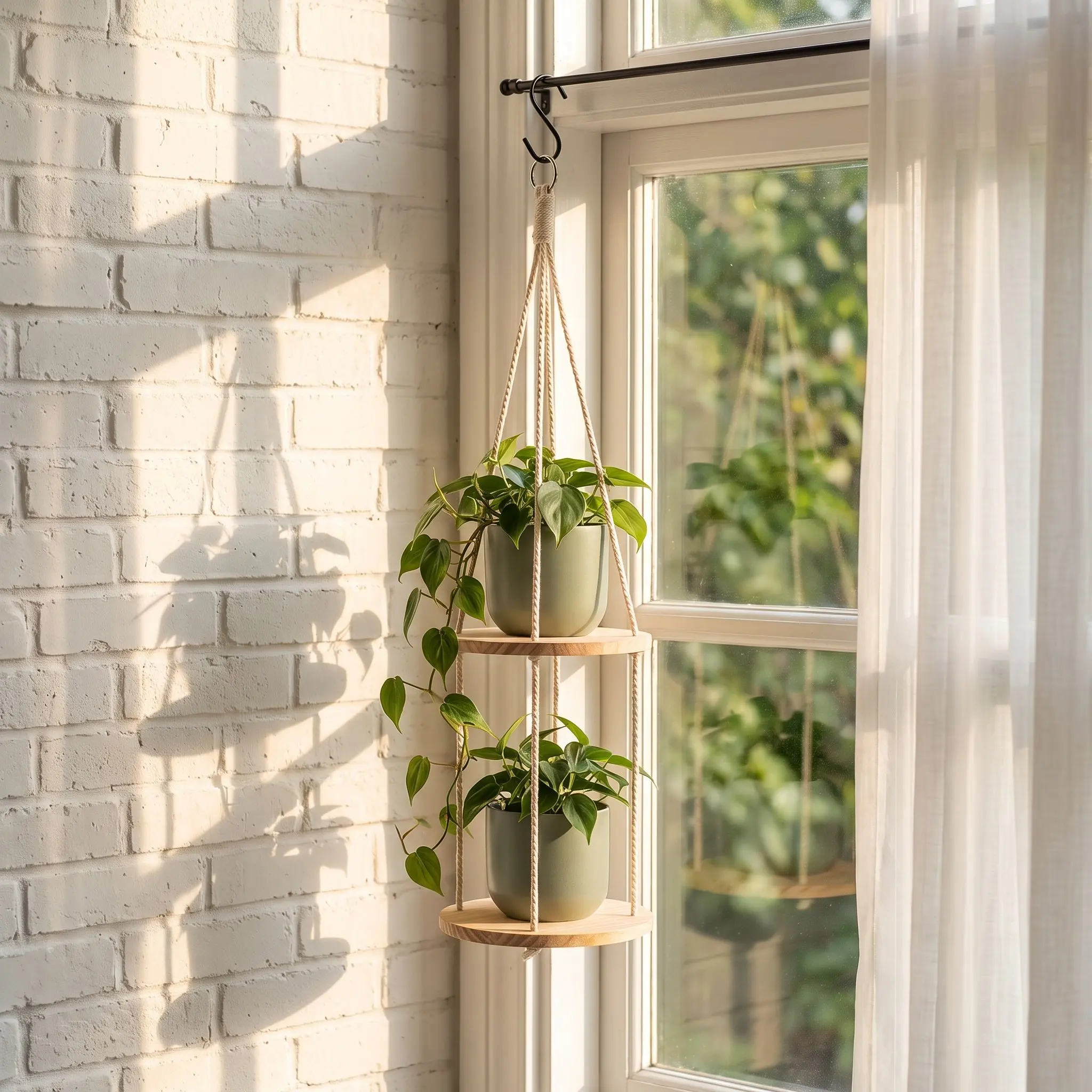 Bohemian Hanging Plant Holder Two Layers Round Window Shelf Indoor Wood Stand Vertical Plant Display Multi-Level Flower Shelf