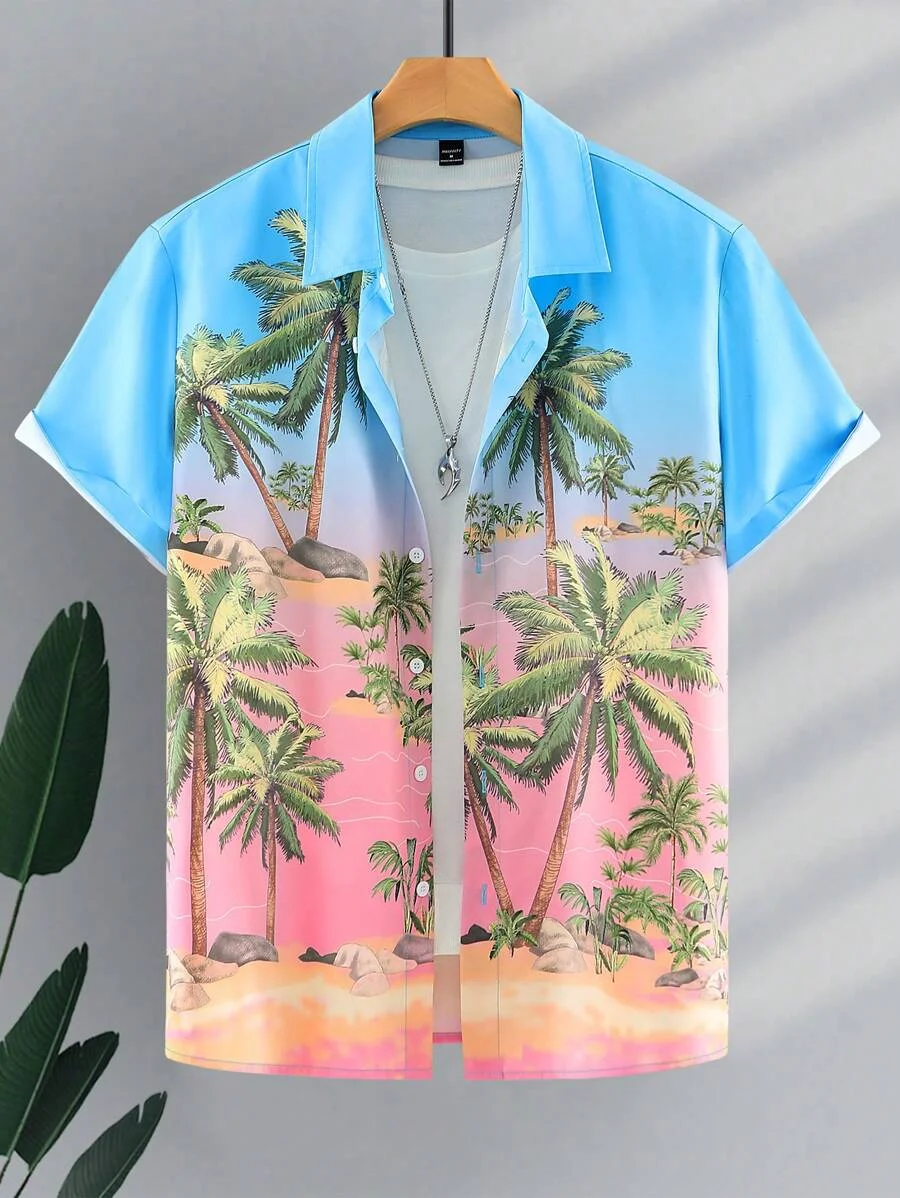 

Mens Womens Sunset Tropical Palm Tree Print Pattern Casual Short Sleeve Shirt Mens Button Up Tops