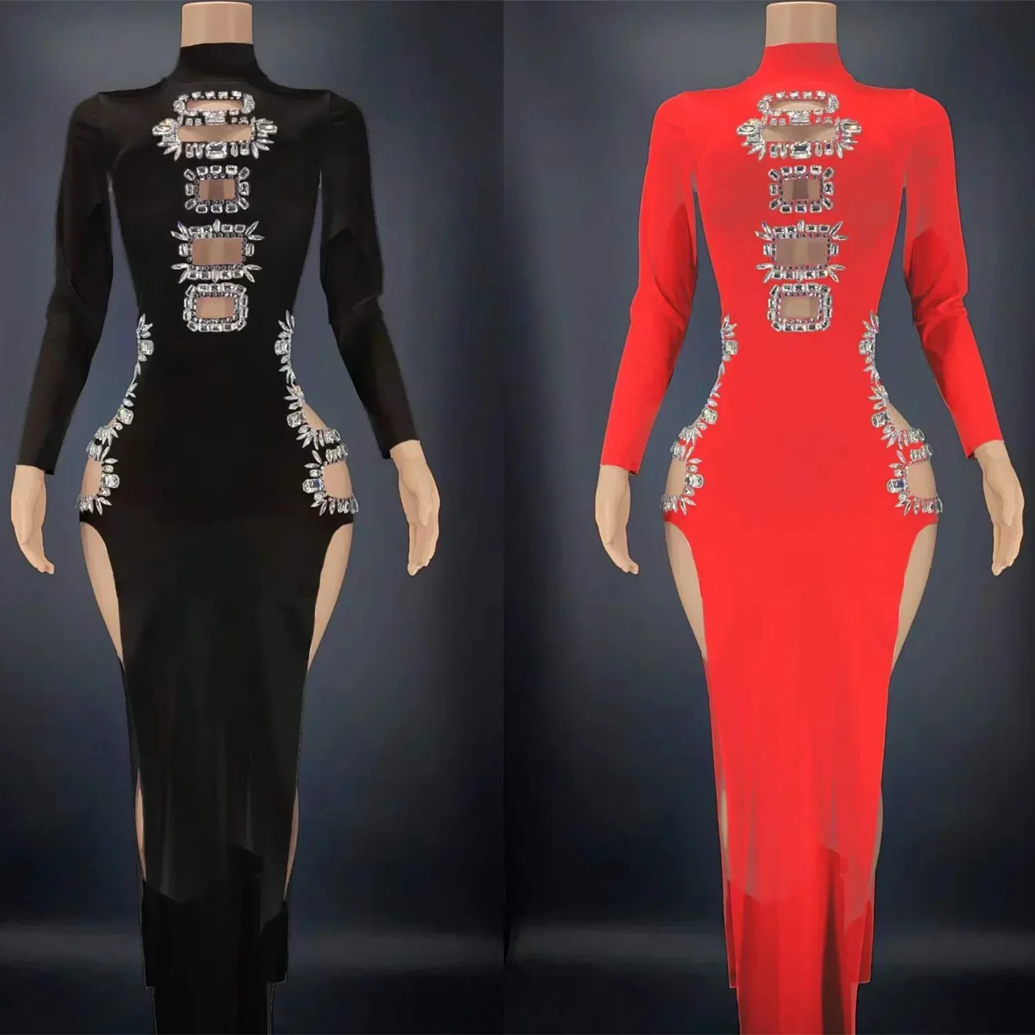 Sparkly Strass Frauen Langarm Cheongsam Sexy Kleid Nachtclub Sänger Tänzer Bühne Tragen Party Feiern Hohe Schlitz QiPao