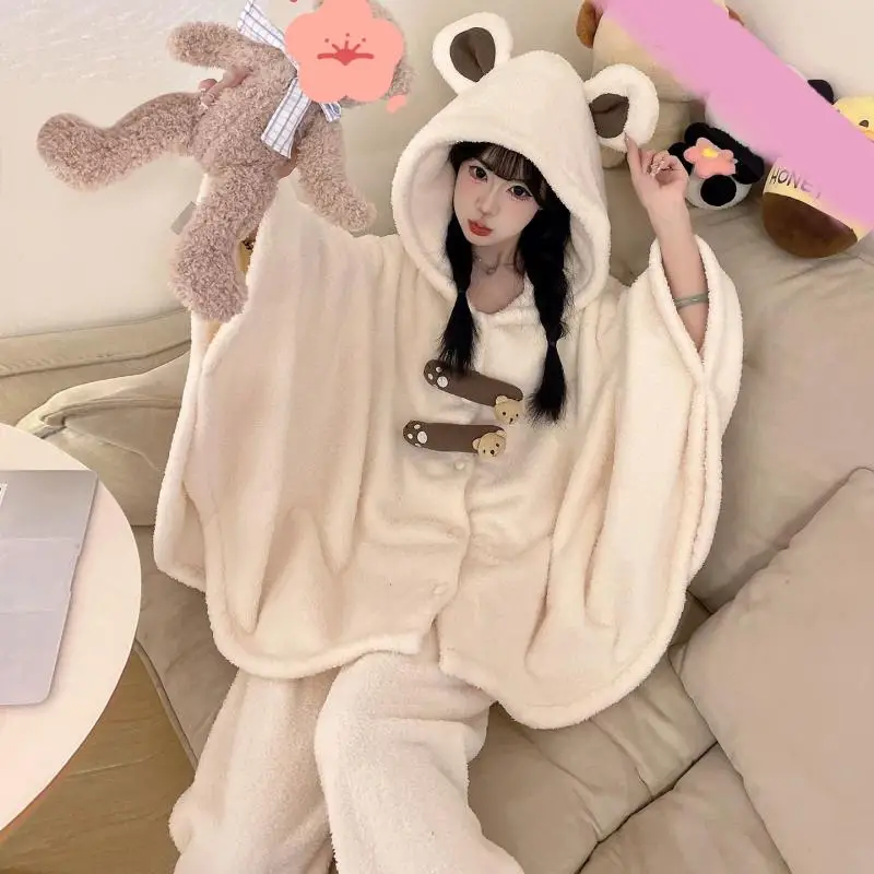 

Женские пижамы с полуворсом на флисовой подкладке, утепленная осенне-зимняя новая модель, корейская версия, шаль с капюшоном, костюм из кораллового флиса, домашняя одежда