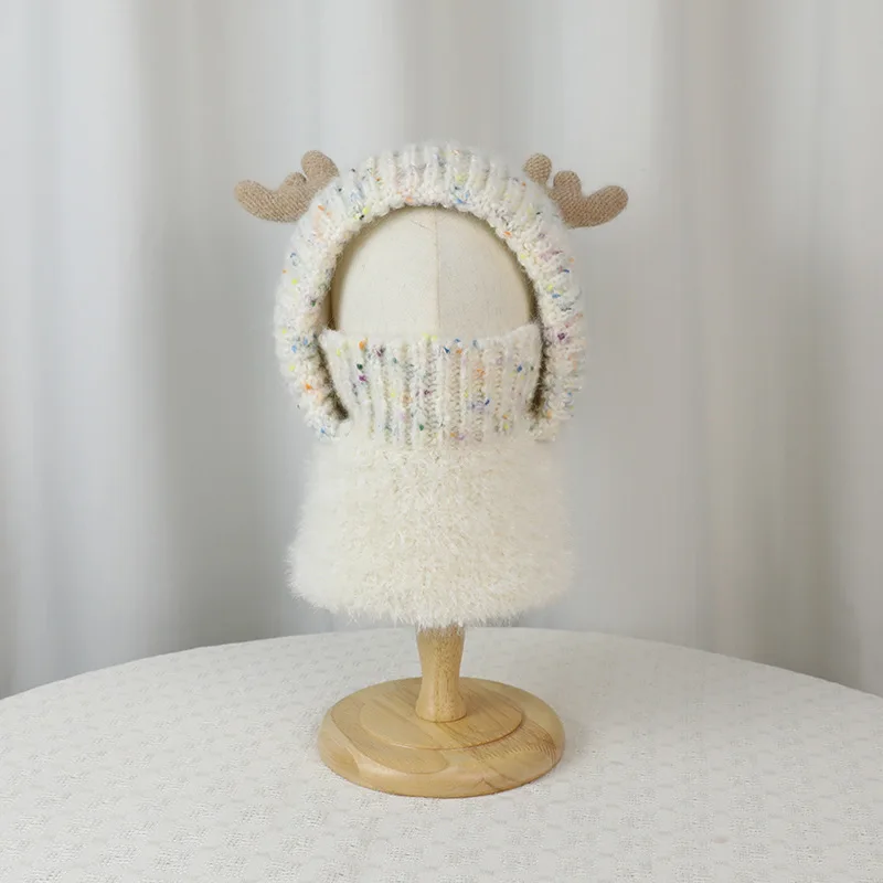 

Suefunskry Cute Kid Boy Girl Balaclava with Face Covering and Cartoon Antlers Knitted Beanie Cap Warm Hood Scarf for Winter