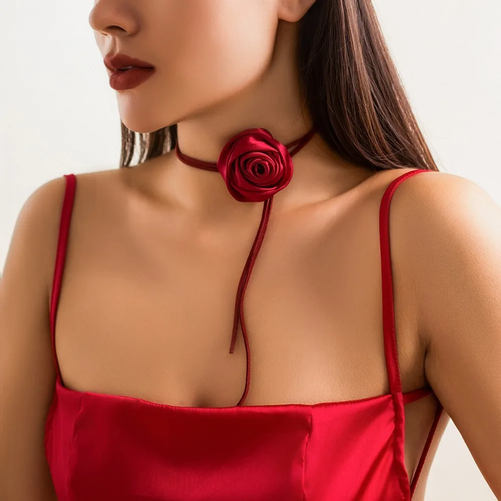 Temperament Retro Fabrics Stereo Flower Flannel Camellia Winding Chokers Necklace for Women Collar Jewelry Accessories Gifts