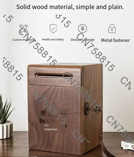 

Wooden Safe Coin Jar, Home Decoration，Piggy Banks for Adults, Solid Wood Money Bank, Walnut Handmade Money Saving Box with Lock