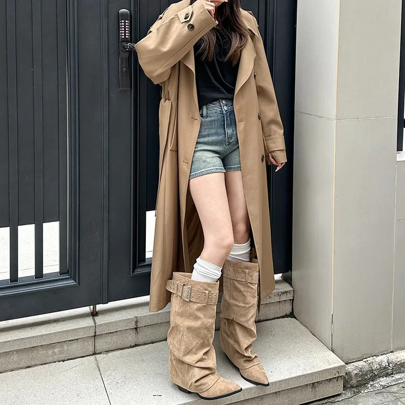 Plus Size Women's Mid-Calf Boots Autumn/Winter New Slip on Pointed Toe Chunky Heel Pants Boots Western Slouchy Block Heel Boots
