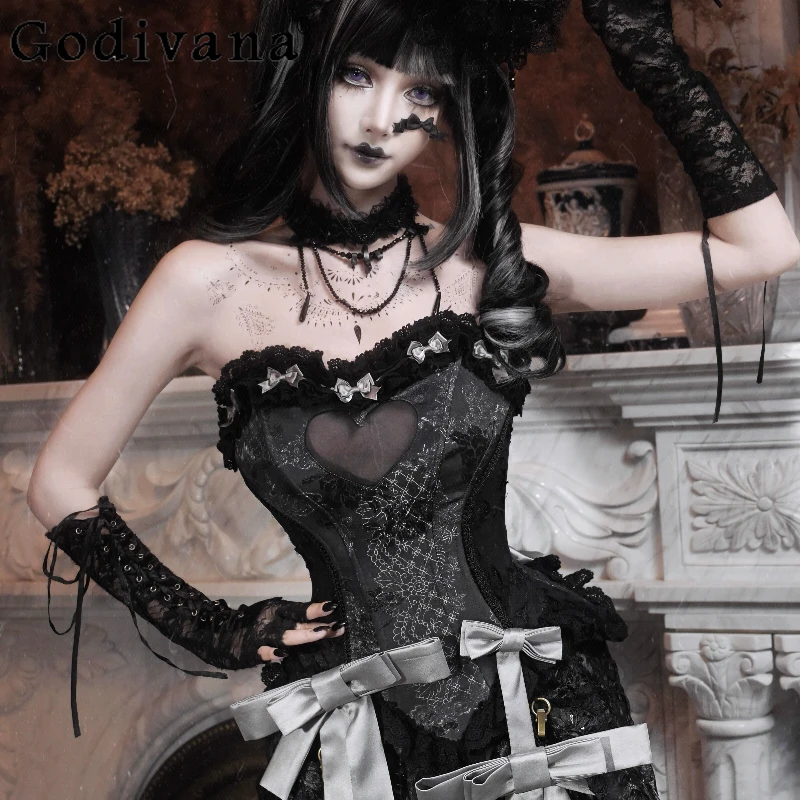 

Original Halloween Cos Gothic Fishbone Corset Autumn New Girls Women Sweet Slim Fit Sweet Elegant Heart Tops Skirt 2-piece Set
