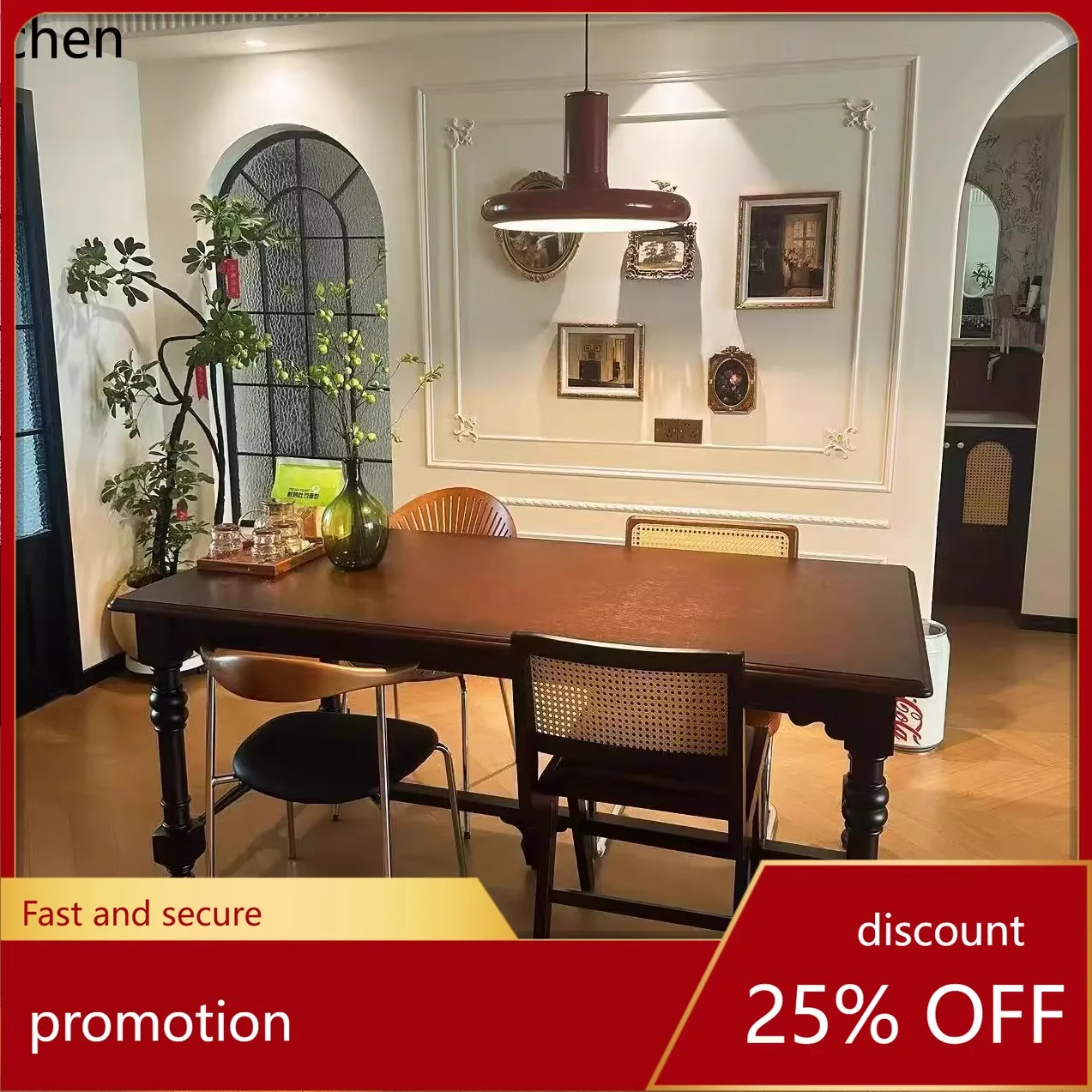 ZML solid wood dining table retro style light luxury black rectangular table living room home dining table villa premium