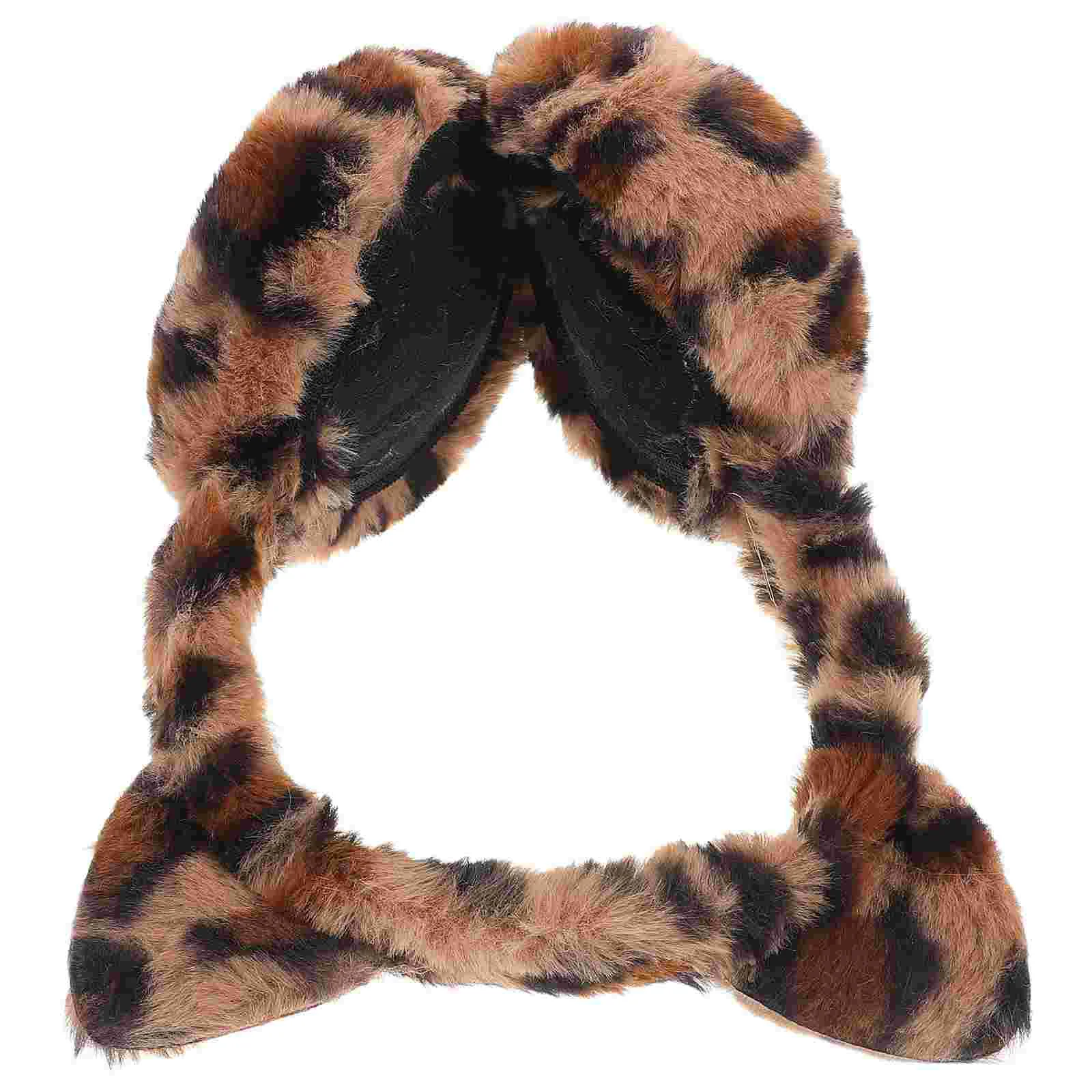 Leopard Print Women Winter Plush Warmer Cat Ears Headband Outdoor Fur Fluffy Child