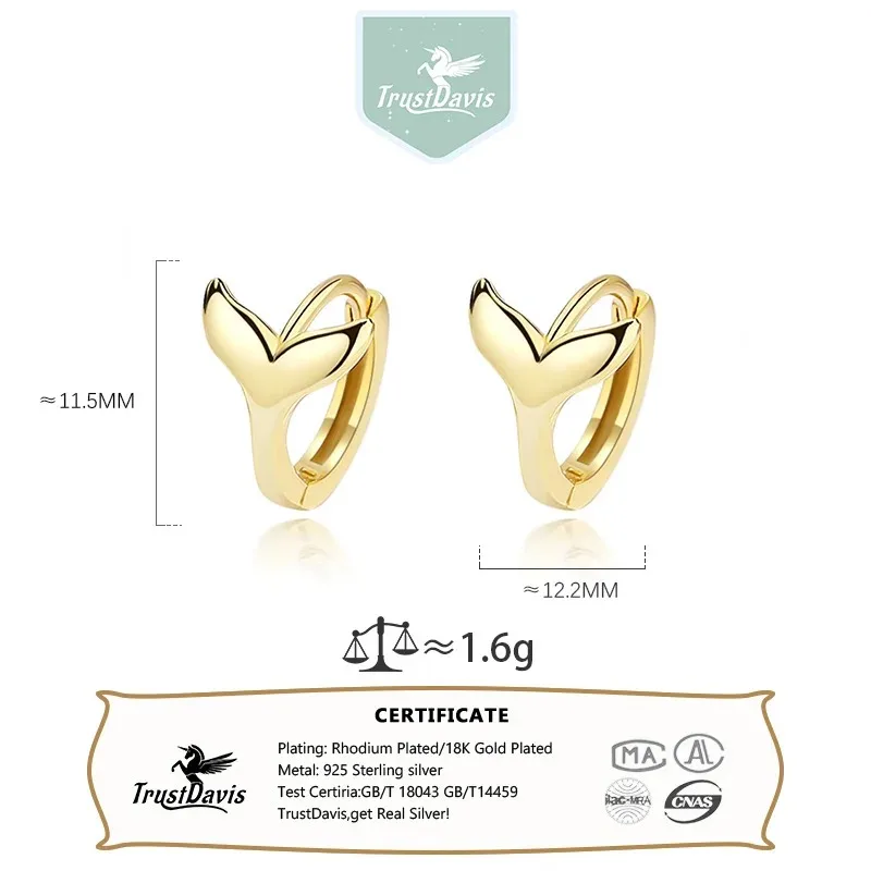 TrustDavis Real 925 Sterling Silver Fashion Fish Tail Hoop Earring for Women Office Lady Birthday Fine 925 Jewelry Gift DS3951
