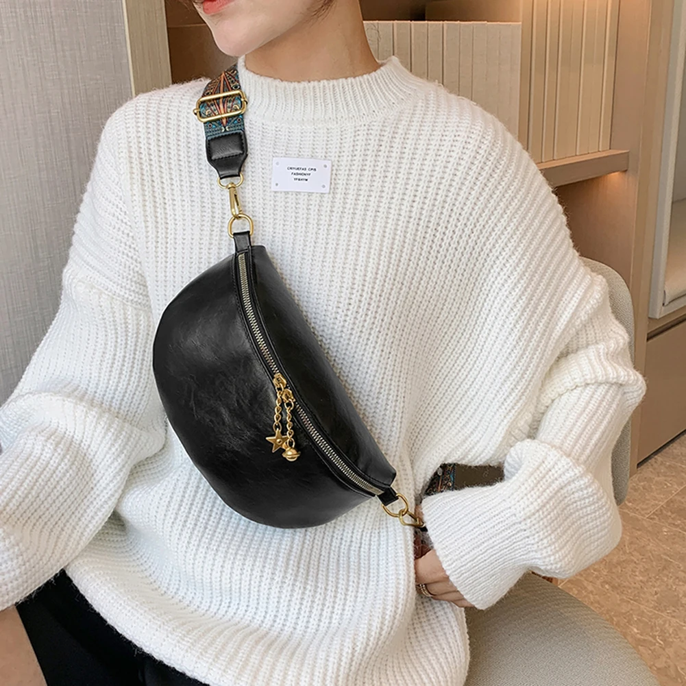 Fashion PU Leather Women Waist Bag Vintage Print Wide Strap Fanny Pack Ladies Solid Color Crossbody Bag High Quality Banana Bags