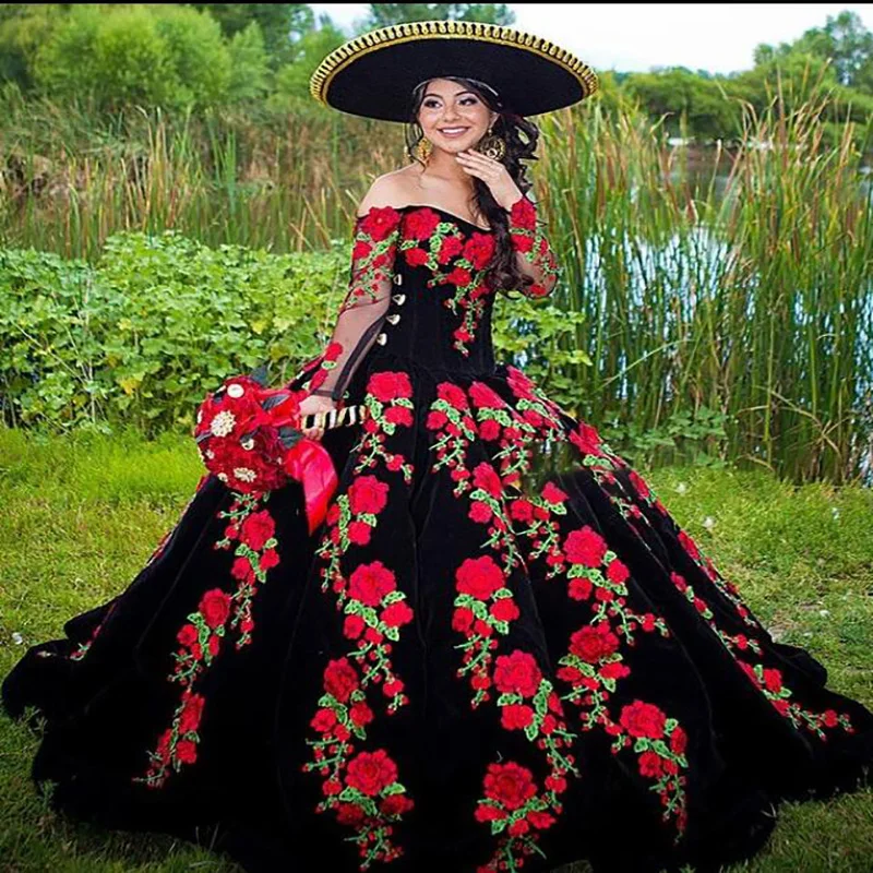 Customized Black Quinceanera Dresses Mexican Style Off Shoulder Rose Flower Long Sleeve Birthday Prom Vestidos De 15 Quinceañera