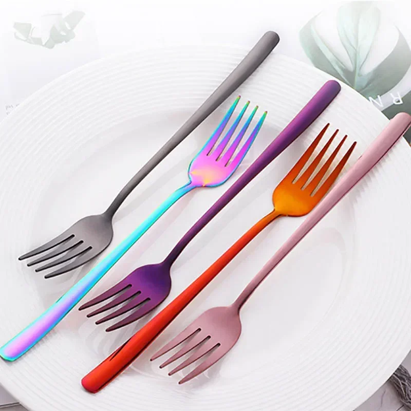 8 Colors Stainless Steel Long Handle Dinner fork Korean Rainbow Fork Hotel Restaurant Party Supplies Dinnerware Steak Gold Fork