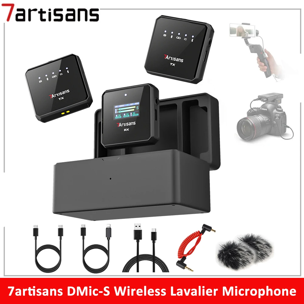 

7artisans DMic-S Wireless Lavalier Microphone Noise Canceling Mic with Charging Case for Phone DSLR Camera Smartphone 2.4GHz Mic