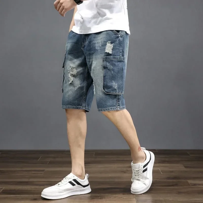 Male Denim Shorts Half Men\'s Short Jeans Pants Long with Pockets Ripped Knee Length Vintage Korean Fashion Thin Harajuku Luxury