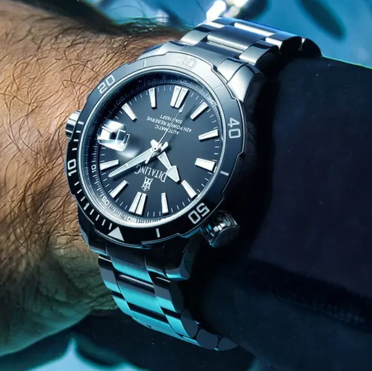 DITALING Men Automatic Watch Military 42mm Diver Mechanical Wristwatch Waterproof Luminous Sapphire Date Magnifier Exhaust Valve