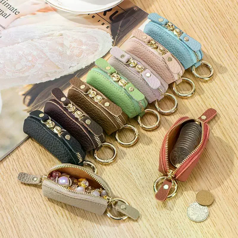 Mini Leather Coin Purse With Key Ring Minimalist Zipper Pouch For Men Women Small Portable Genuine Leather Change Holder