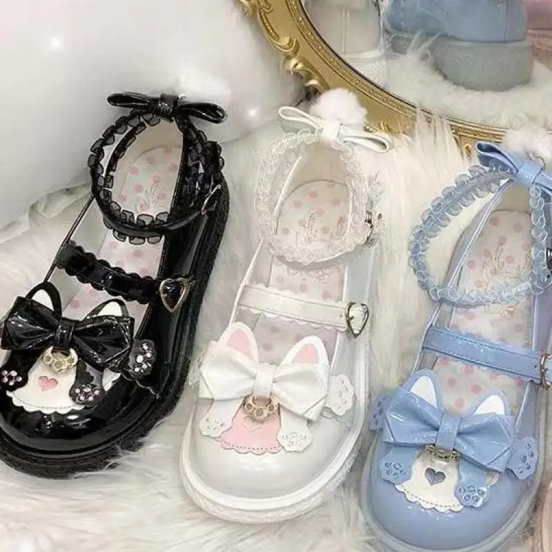 Japanese Harajuku Style Summer Lolita Cute Girl Sweet Sandals Bow Tie Kawaii Chic Mary Janes Shoes Mixed Color Round Toe Casual