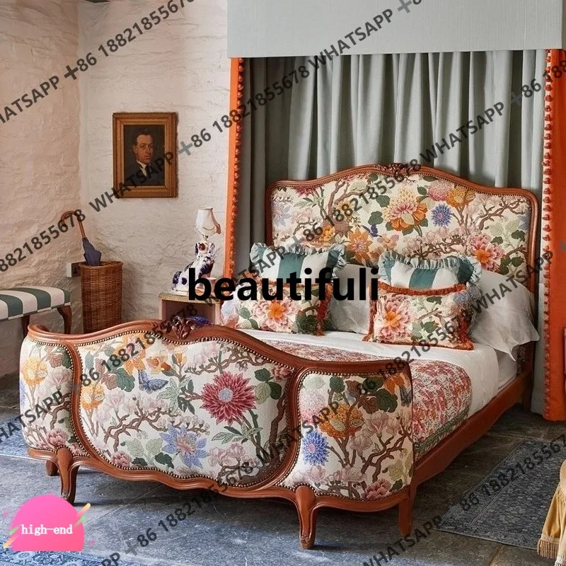 

Двуспальная кровать из массива дерева в стиле ретро для спальни, новая, с мягкой обивкой