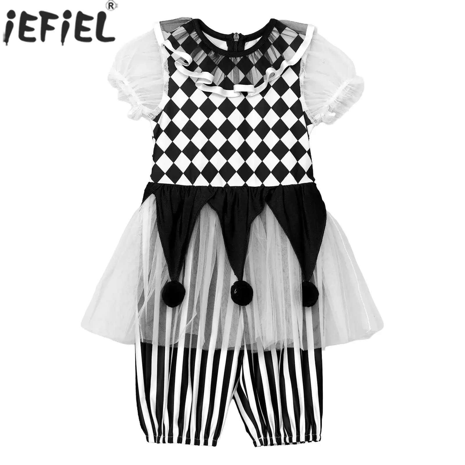Baby Girls Halloween Carnival Party Circus Clown Cosplay Costume Short Sleeve Zipper Mesh Skirted Jumpsuit Photography Romper