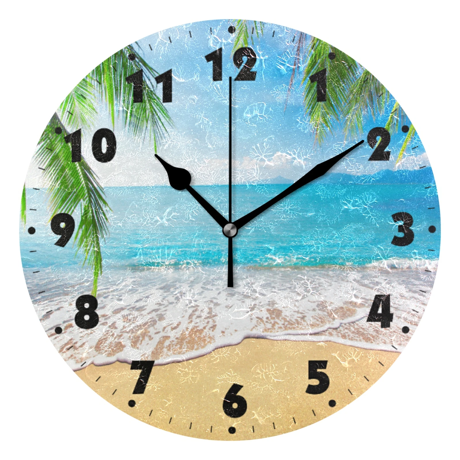 Hawaiian Palm Tree Seashore Beach Round Wall Clock Silent Non-Ticking Hanging Watch Home Decor Battery Operated Quiet Desk Clock