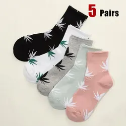 5 Pairs Maple Leaf Mid Socks Fashionable Trend Original Color Style Women's Breathable Spring Autumn High-quality Ankle Socks