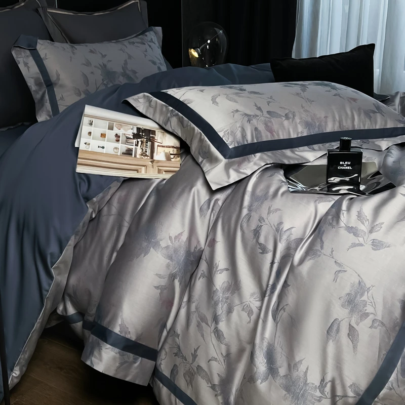 Blue Gray Yarn Dyed Leaves Jacquard Bedding Set 600TC Egyptian Cotton Soft Silky Duvet Cover Bed Sheet/Fitted Sheet Pillowcases