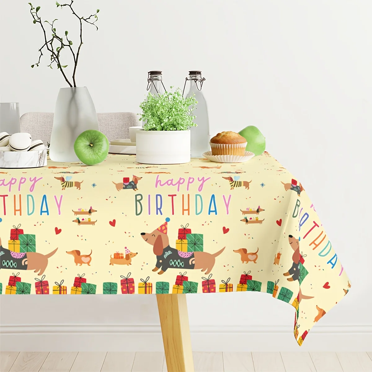 1pc,wedding decorations,summer decoration,garden decor for outside,outdoor decor, Birthday Dachshund Theme Tablecloth, 220*130cm