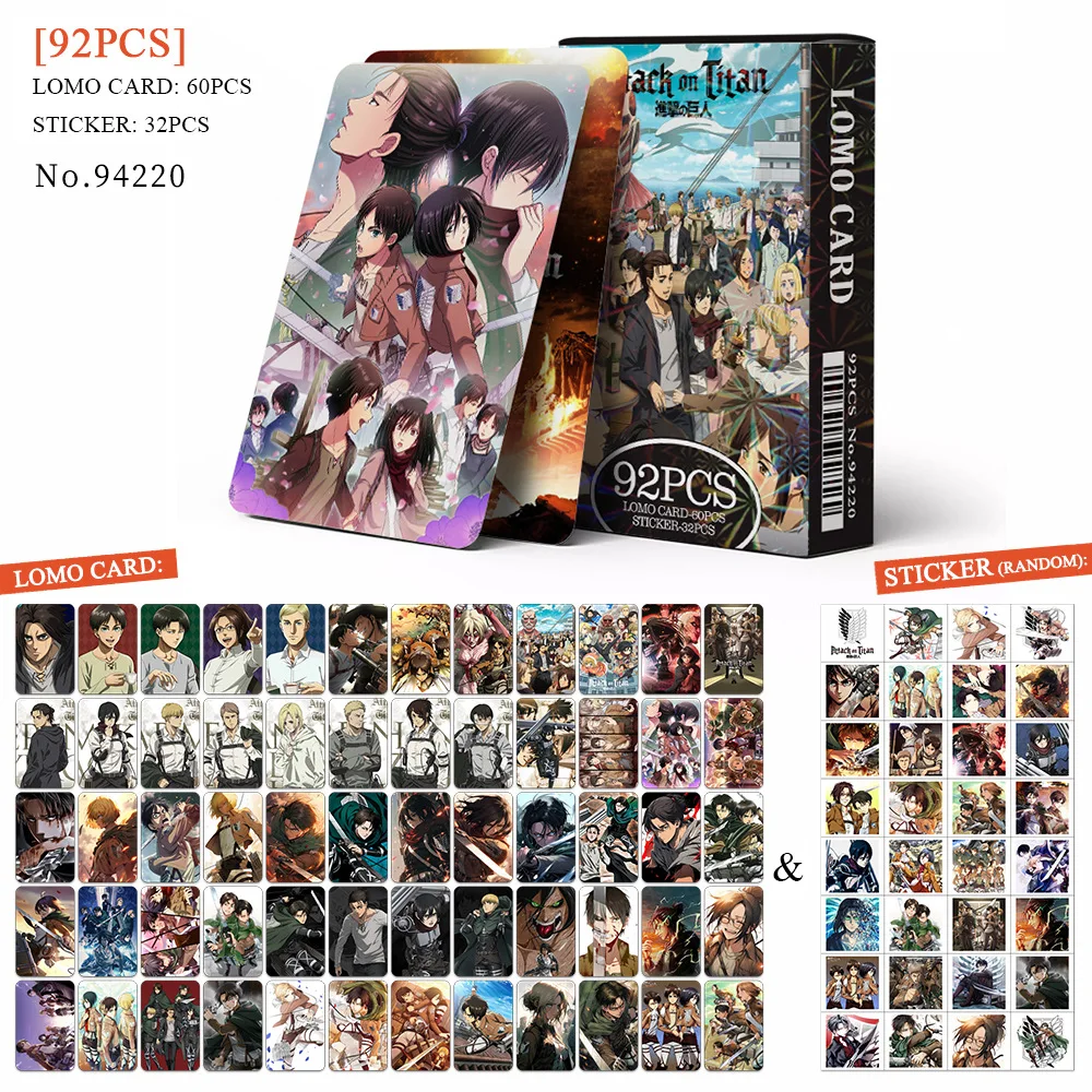 92 pz/set Attack On Titan Series carte Lomo di alta qualità EREN MIKASA ARMIN HANS sambur HD Printd cartoline fotografiche e adesivi regali