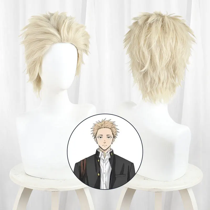 Flor perfumada de incenso chou rin tarou peruca cosplay luz cor dourada curta e encaracolada com um grande penteado backcomb