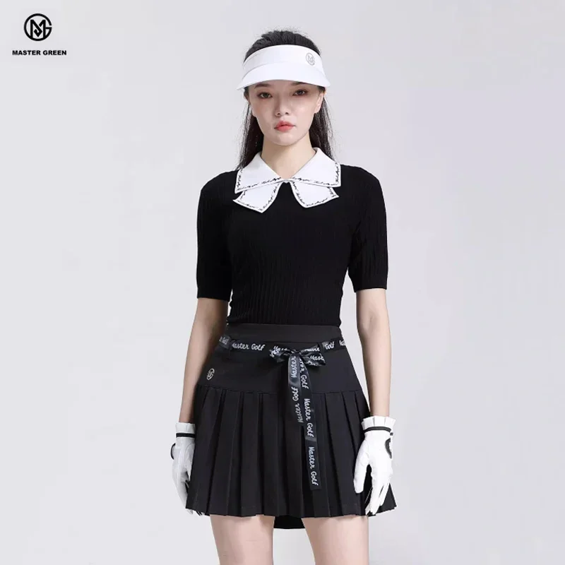 MG Golf Apparel Women's Top Short Skirt Set Sports Fashion Slim Short Sleeve Knitted Polo Shirt Quick Drying Pleated Skort