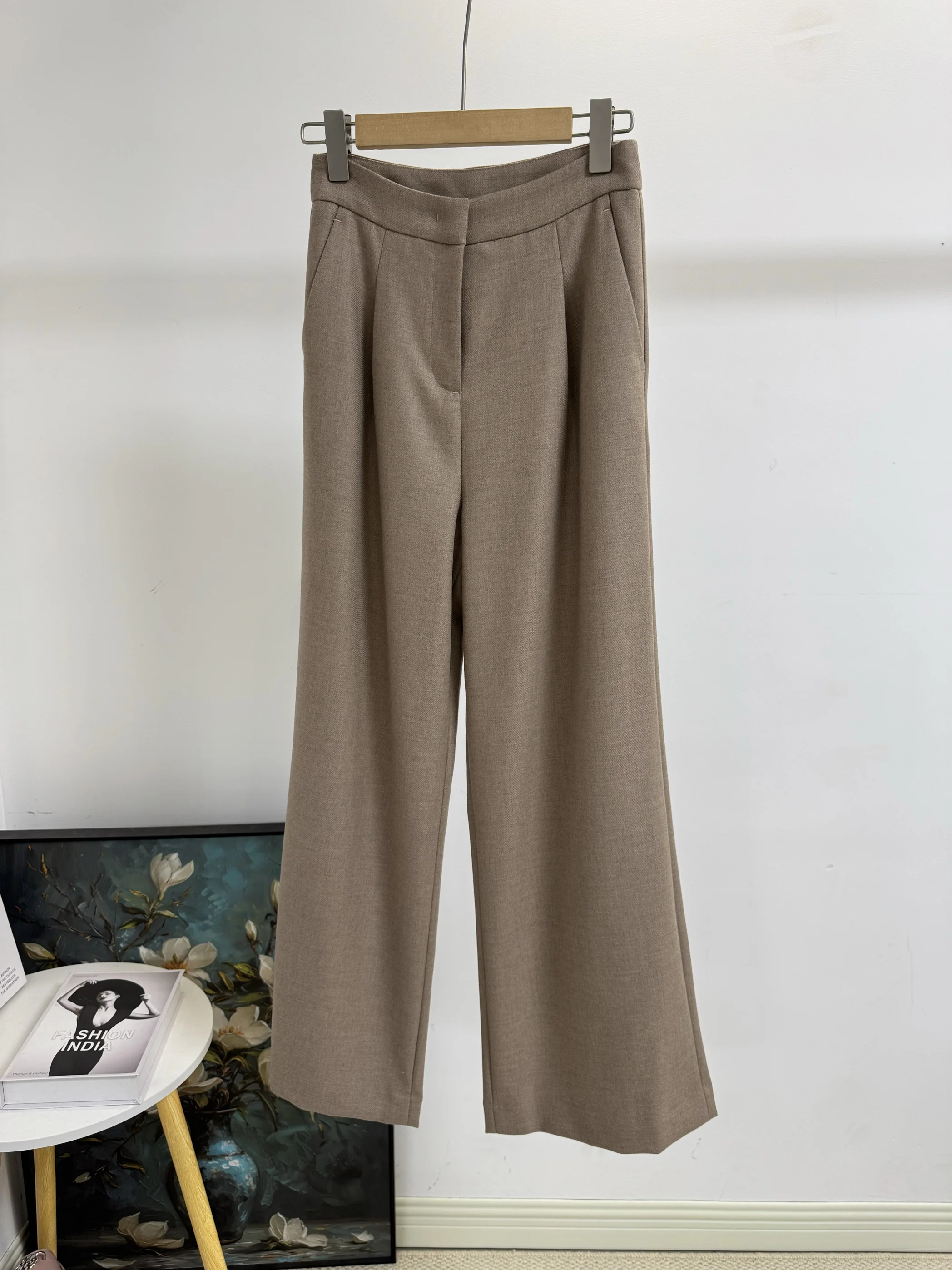 

Удобные шерстяные брюки с высокой талией, широкими штанинами и прямым кроем, повседневные, для работы, в простом стиле, женские, модные