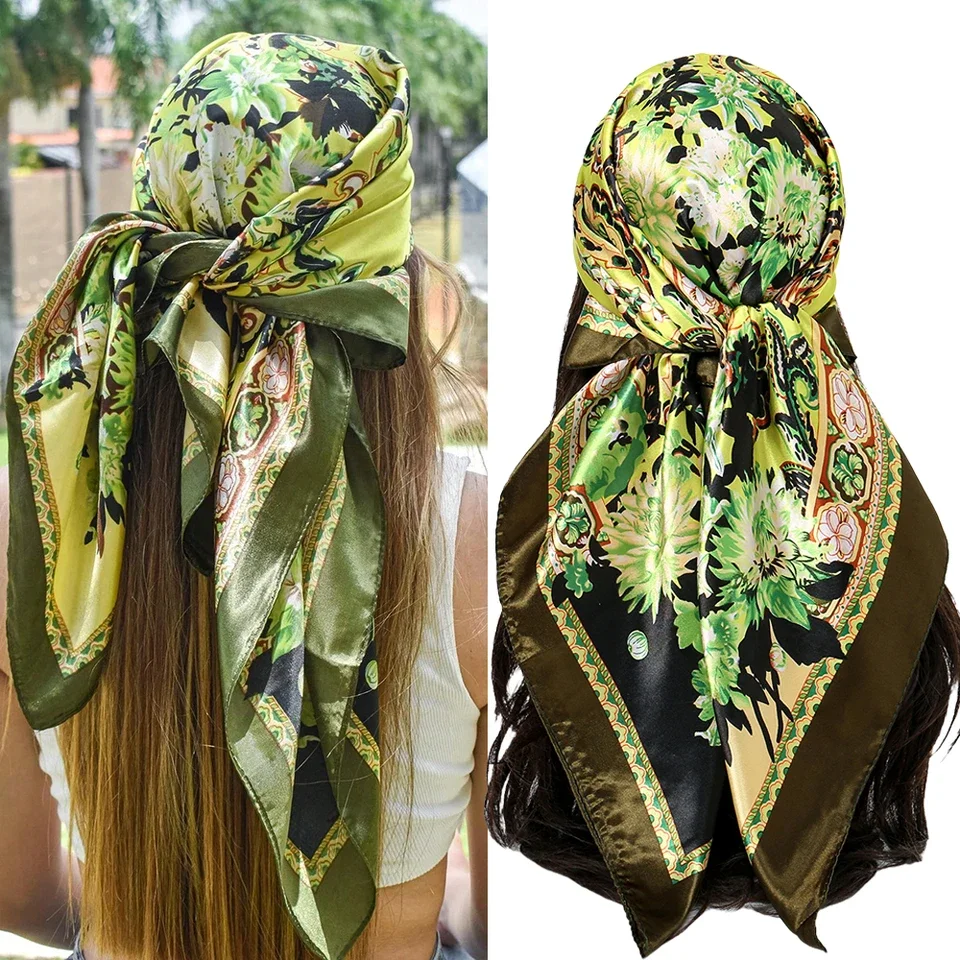 

2025 New Square Satin Scarf for Women Design Floral Print Wraps Stoles Hijab Foulard Headband Fashion Lady Shawl Bandana
