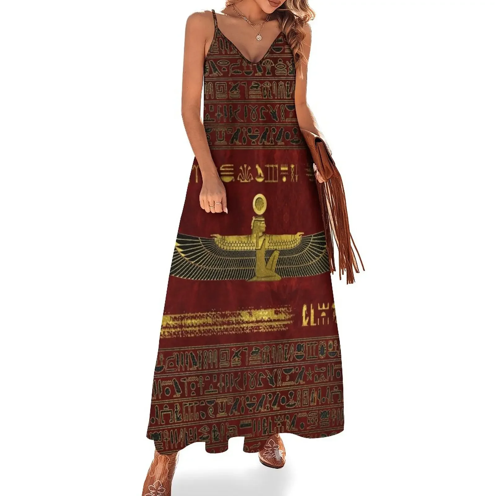 

Golden Egyptian God Ornament on red leather Sleeveless Dress chic and elegant evening dress evening dress