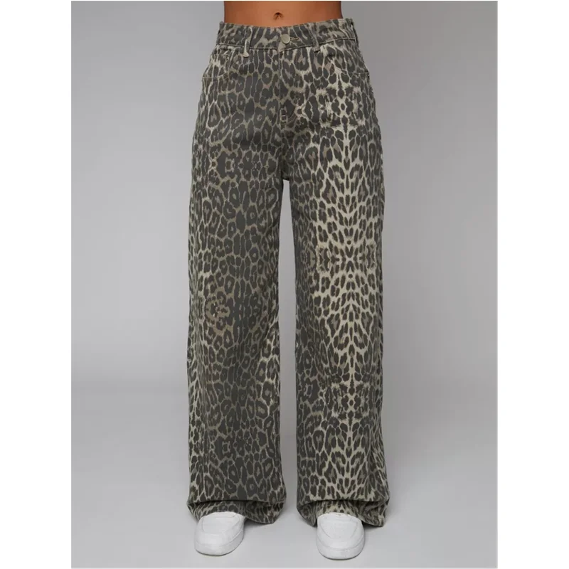 Leopard Print Womens Jeans High Waist Vintage Hip Hop Casual Straight Baggy Y2K Pants Streetwear American Wide Leg Denim Trouser