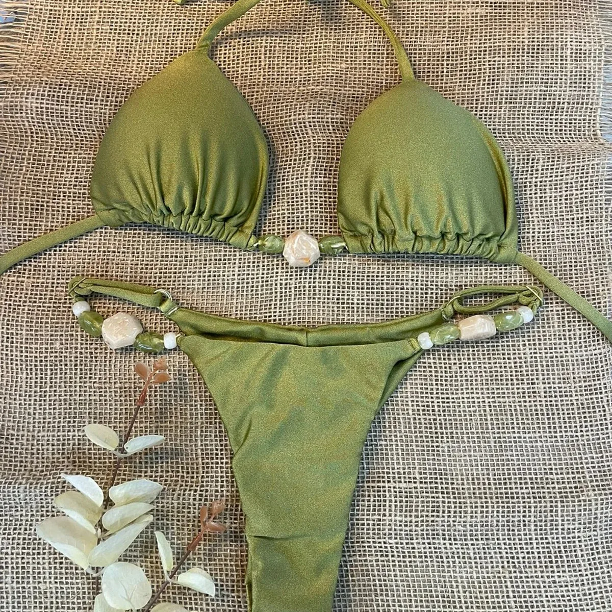 

Y2k Solid Green Swimwear Sexy Halter Triangle Bead String Bikini Suit Thong Swimsuit Woman 2025 Summer Brazilian Bikinis Sets