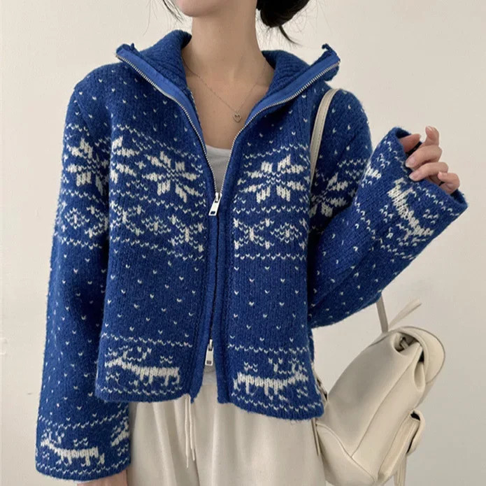 Korean Style Idle Sweater Jacket Women's Stylish Age-Reducing Christmas Pattern Zip-Up Cropped Thickened Knitted Top