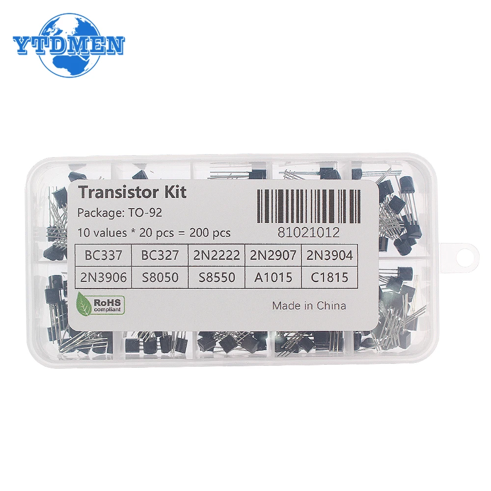 100/200pcs TO-92 Transistor Assorted Kit BC327 BC337 2N2222 2N2907 S8050 2N3904 2N3906 A1015 C1815 2N5551 PNP NPN Transistors