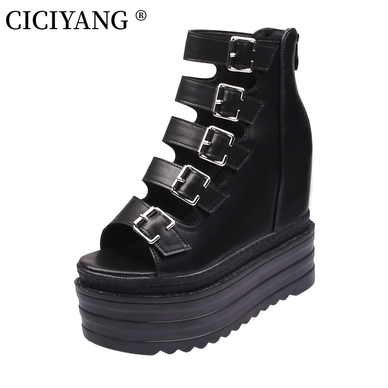 CICIYANG Women's Gladiator Sandals Super High Heel 2024 New Summer Belt Buckle Platform Shoes Ladies Fashion Roman Sandals Black