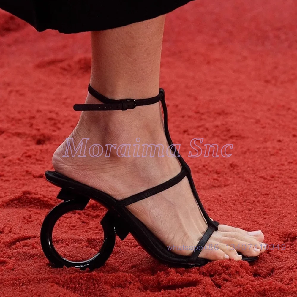 Hollow Strange Heel Square Toe Sandals T-strap Ankle Buckle Strap Sexy Fashion Women's Dress Shoes Summer Runway 2024 New Solid