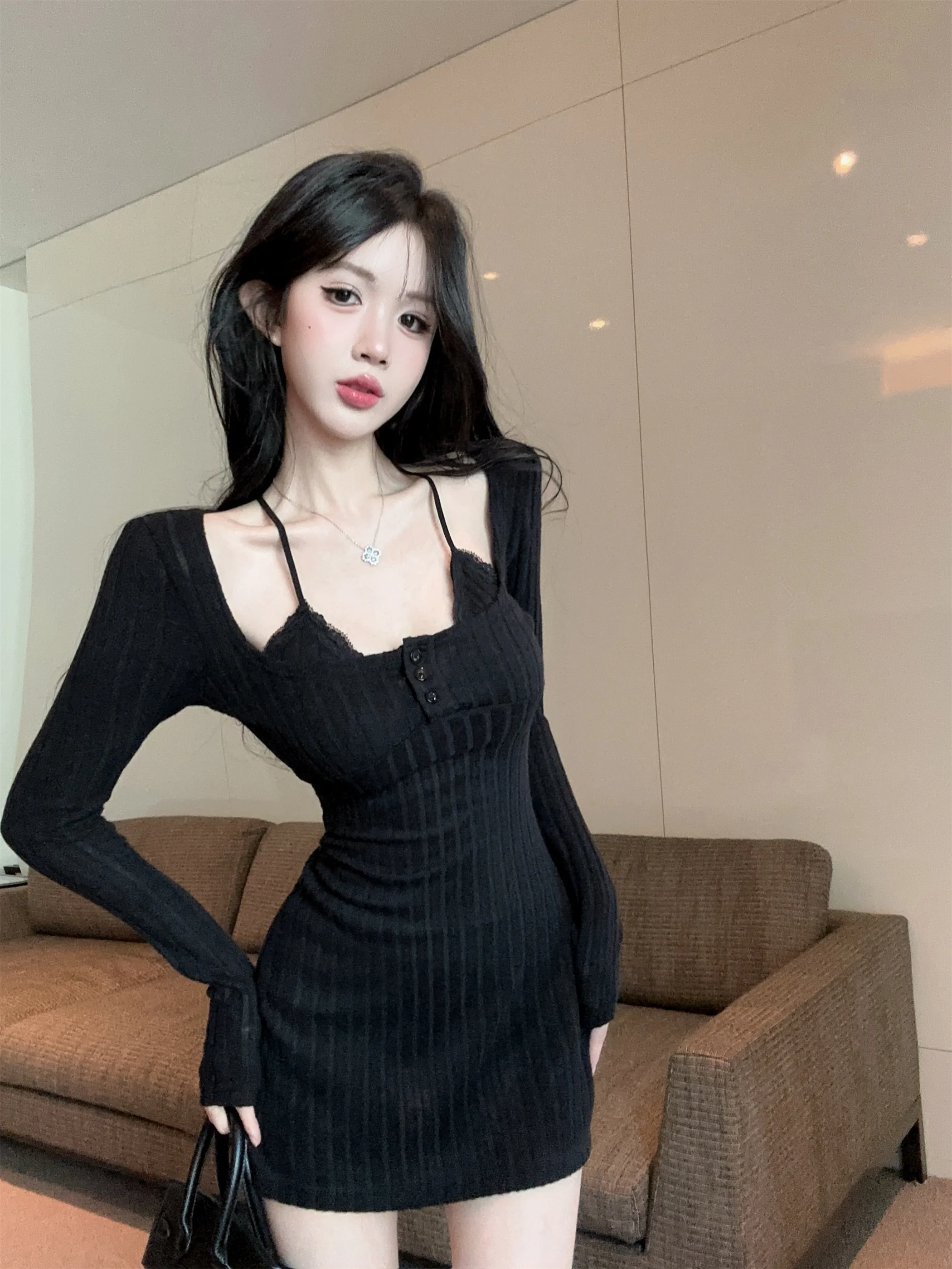 

Pure Desire Sexy Lace Splice Knitted Dr Women Early Spring Spicy Girl Bodycon Skirt Base Inner Wear Skirt High Waist Long ...