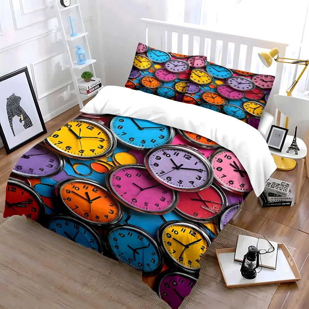 Colorful cute Clock print 3PC Set Decor Soft Comfortable Duvet Cover Bedding Set Included 1*Duvet Cover & 2*Pillowcases, gift